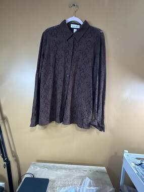 HC1104 Chaus & Co Brown Floral Lace Long Sleeve Button Up Shirt Size XL